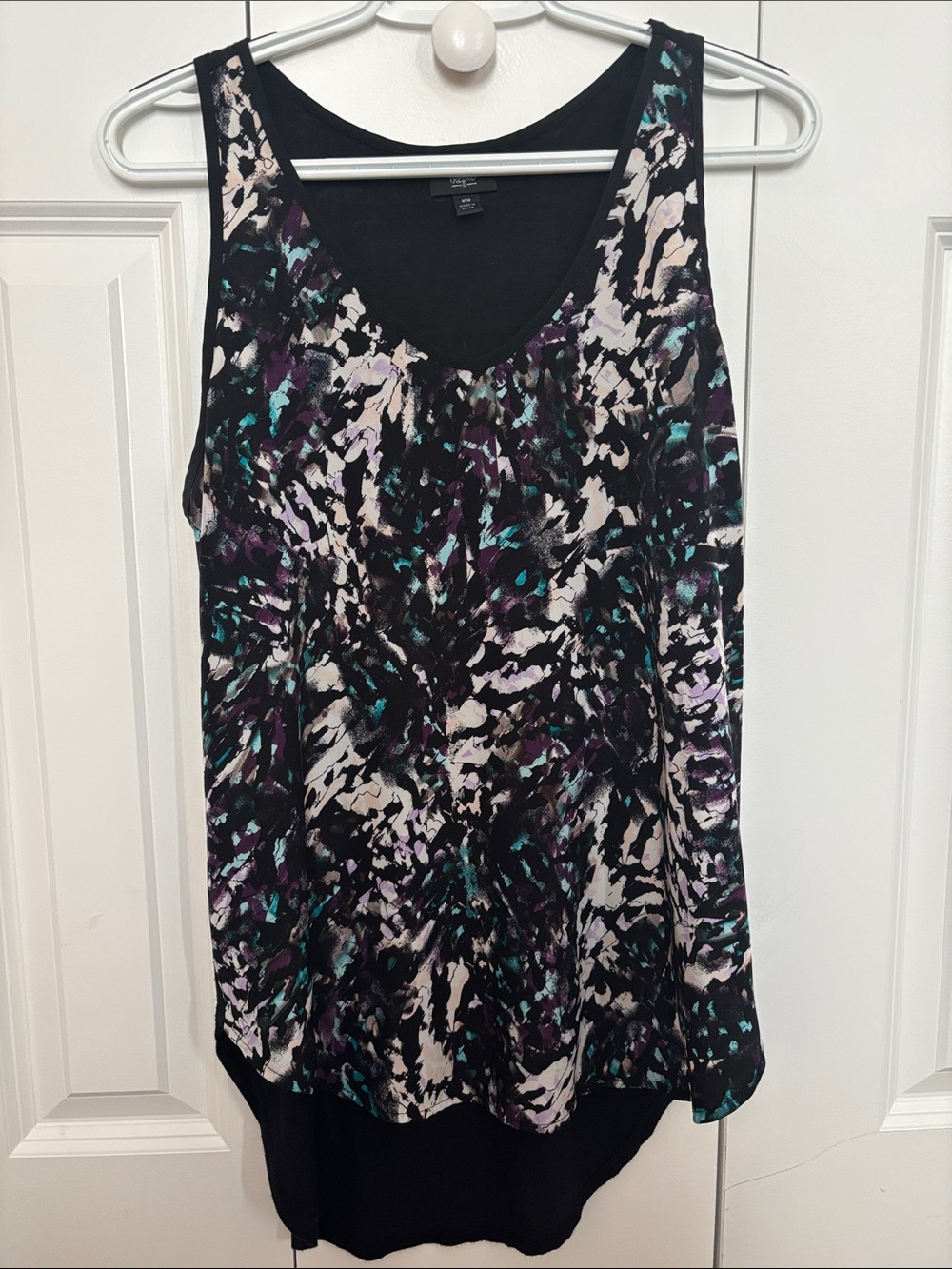 Mossimo Black Tank Top with Teal, Purple & Cream Abstract Print Medium
